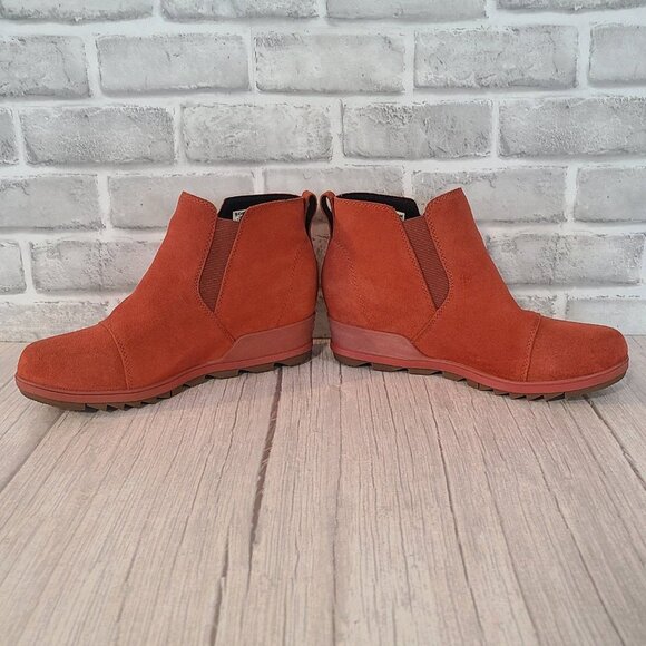 Sorel Suede Leather Evie Pull On Bootie Warp Red Wedge Boots Womens 10.5 - Picture 3 of 8